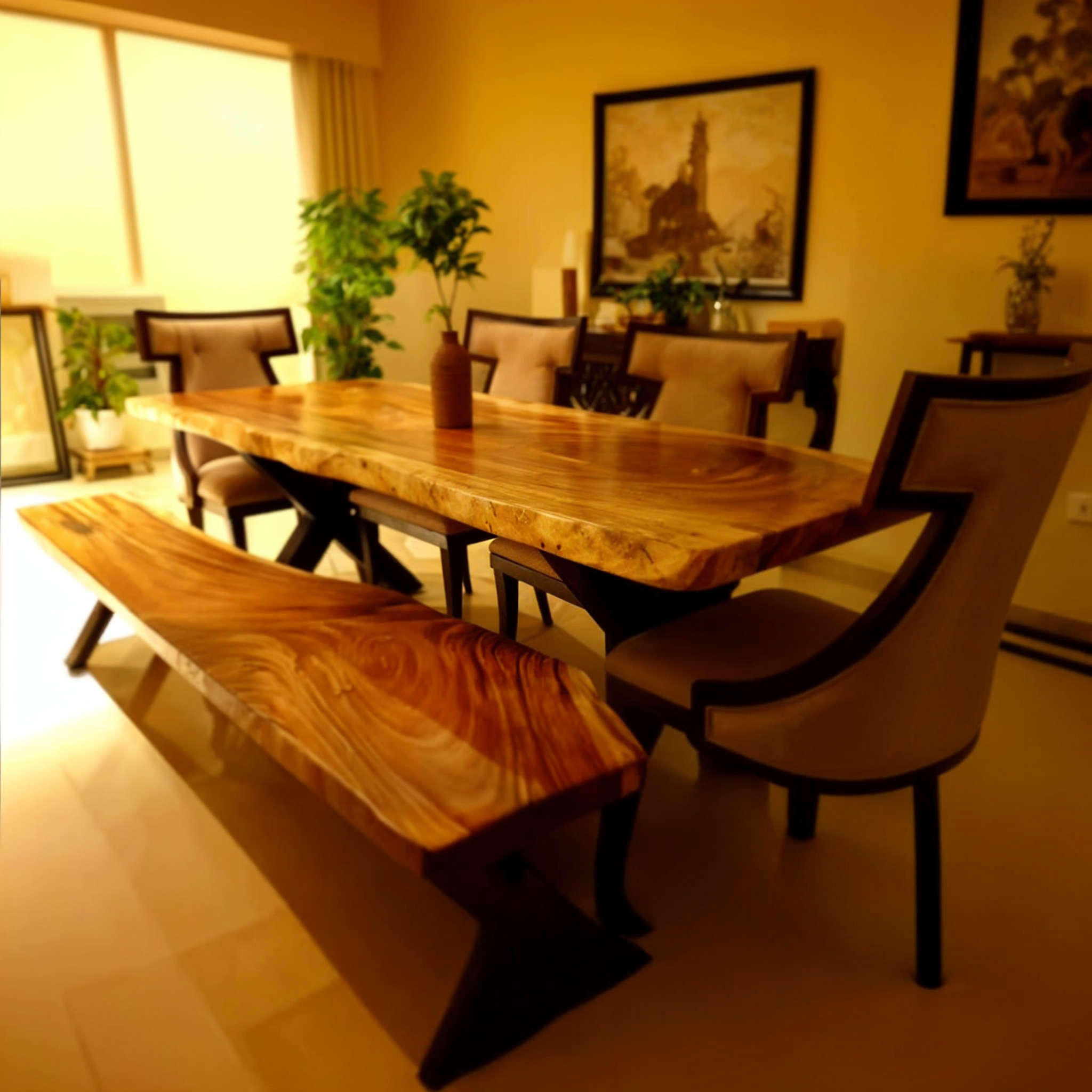 Customized Live Edge Wooden Table with Bench & Chair